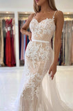 White Mermaid Spaghetti Straps Long Prom Dress With Lace, Evening Dress SJ211108