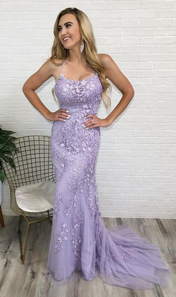 Spaghetti Strap Sweep Trailing Mermaid Prom Dress With Lace Appliques SJ211006