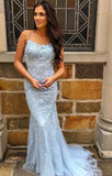 Mermaid Light Sky Blue Backless Long Prom Dresses, Evening Dress SJ211139