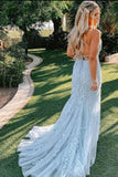 Mermaid Light Sky Blue Backless Long Prom Dresses, Evening Dress SJ211139