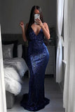 V Neck Mermaid Navy Blue Long Prom Dress With Sequins, Evening Dress SJ211133