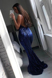V Neck Mermaid Navy Blue Long Prom Dress With Sequins, Evening Dress SJ211133