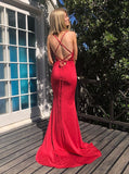 Mermaid Red V-neck Sleeveless Sweep Train Prom Evening Dress PDA593 | ballgownbridal