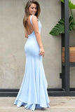Blue Satin Mermaid Scoop Neck Backless Long Prom Dress With Split SJ211111