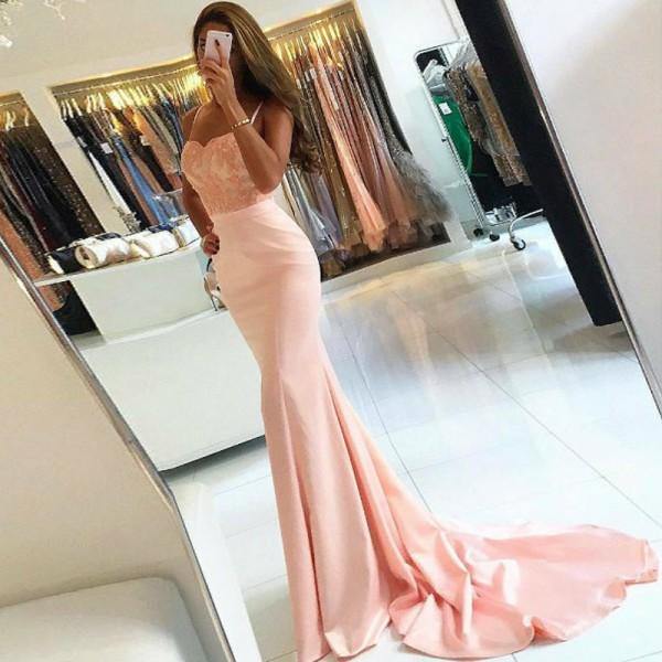 Pink Stretch Satin Mermaid Spaghetti Straps Prom Dress, Evening Dress SJ211112