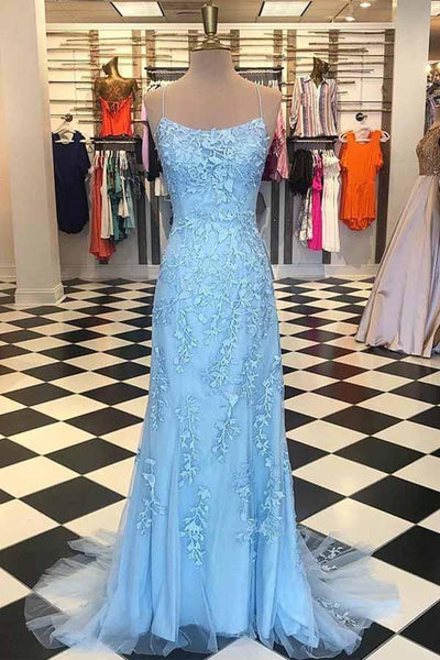 Mermaid Spaghetti Straps Criss Cross Lace Long Prom Dresses With Sweep Train SJ211024