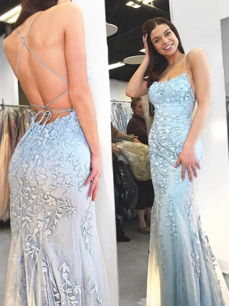 Mermaid Spaghetti Straps Criss Cross Lace Long Prom Dresses With Sweep Train SJ211024