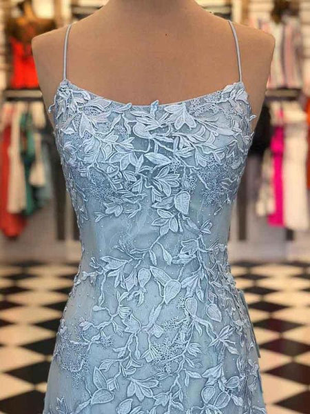 Mermaid Spaghetti Straps Criss Cross Lace Long Prom Dresses With Sweep Train SJ211024