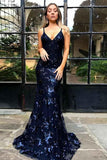 Mermaid Spaghetti Straps Navy Blue Tulle Prom Dress With Appliques, Evening Dress SJ211161