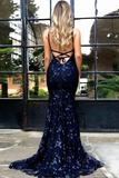 Mermaid Spaghetti Straps Navy Blue Tulle Prom Dress With Appliques, Evening Dress SJ211161