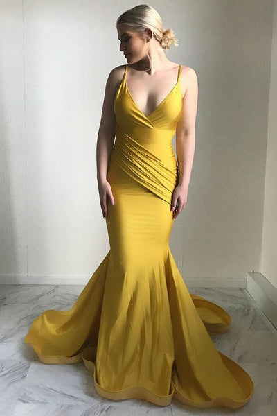 Mermaid Spaghetti Straps Sweep Train Yellow Satin Long Prom Dress SJ211063