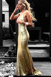 Mermaid V-Neck Backless Gold Prom Dress With Appliques Sequins, Evening Dress SJ211162