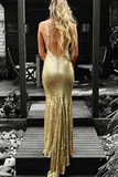 Mermaid V-Neck Backless Gold Prom Dress With Appliques Sequins, Evening Dress SJ211162