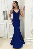 Mermaid V-Neck Floor-Length Royal Blue Velet Prom Dress with Ruffles PDA599 | ballgownbridal