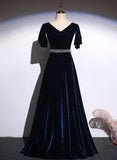 A-Line Navy Blue Velvet  Long Prom Dress With Beadings, Evening Dresses SJ211126