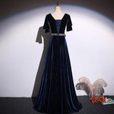 A-Line Navy Blue Velvet  Long Prom Dress With Beadings, Evening Dresses SJ211126