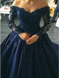 Navy Blue Off the Shoulder Long Prom Dresses Evening Dresses with Appliques PDA187