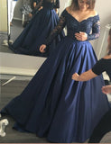 Navy Blue Off the Shoulder Long Prom Dresses Evening Dresses with Appliques PDA187