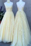 A-Line Spaghetti Straps Tulle Long Prom Dresses with Applique and Beading SJ211010
