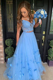 2 Pieces Light Off Shoulder Blue Lace Long Prom Dress, Evening Dress SJ211156