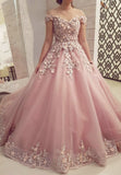 Ball Gown Off Shoulder Pink Lace Long Prom Dresses, Evening Dress SJ211170