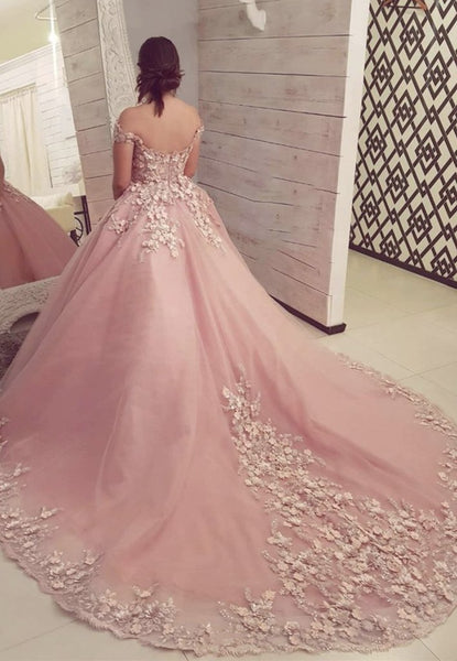 Ball Gown Off Shoulder Pink Lace Long Prom Dresses, Evening Dress SJ211170
