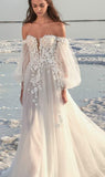 Off-the-Shoulder Floral Appliques A Line Silk Tulle Wedding Dress XQ0920