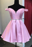 Off the Shoulder Pink Satin Short Prom Homecoming Dress with Belt, Off Shoulder Pink Formal Graduation Evening Dress SHE003