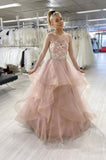 Pink Tulle A-Line Long Prom Dress With Ruffles, Evening Dress SJ211074