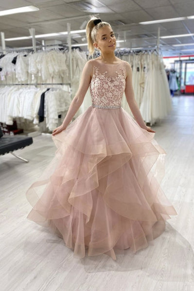Pink Tulle A-Line Long Prom Dress With Ruffles, Evening Dress SJ211074