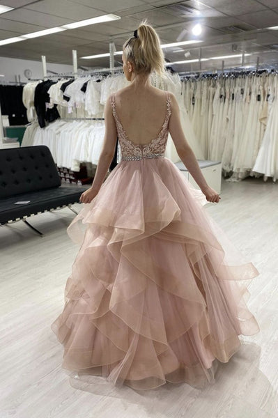 Pink Tulle A-Line Long Prom Dress With Ruffles, Evening Dress SJ211074