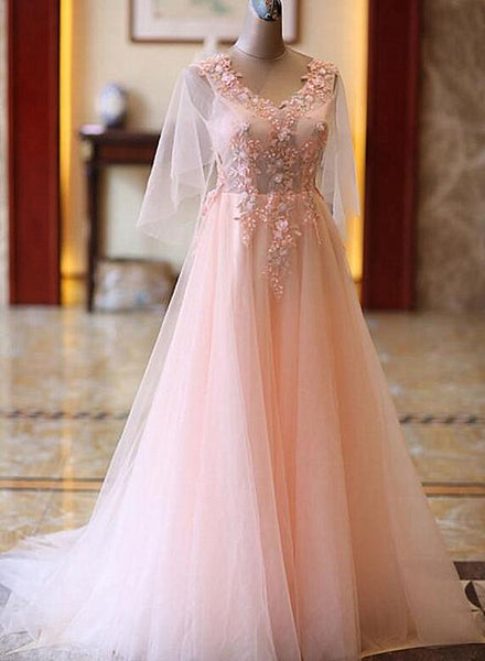 Pink A-Line Tulle Lace V-Neck Floor Length Porm Dresses, Evening Dress SJ211037