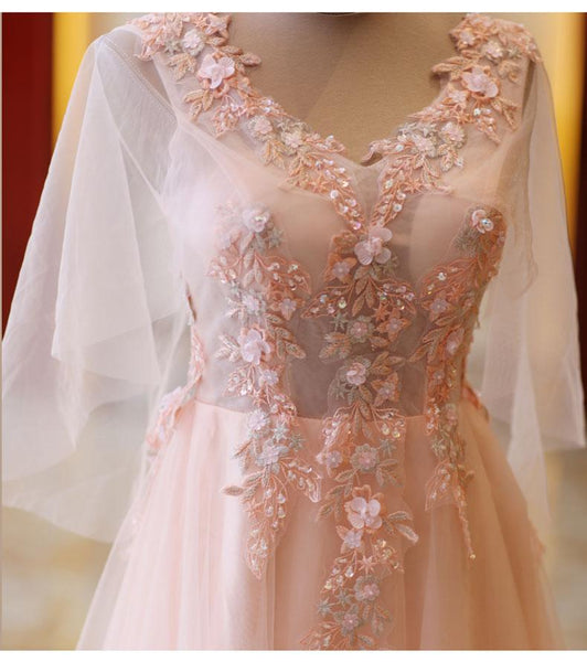 Pink A-Line Tulle Lace V-Neck Floor Length Porm Dresses, Evening Dress SJ211037