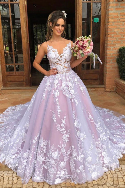Pink Tulle Lace V Neck Long Lace Up Prom Gown PDA550 | ballgownbridal