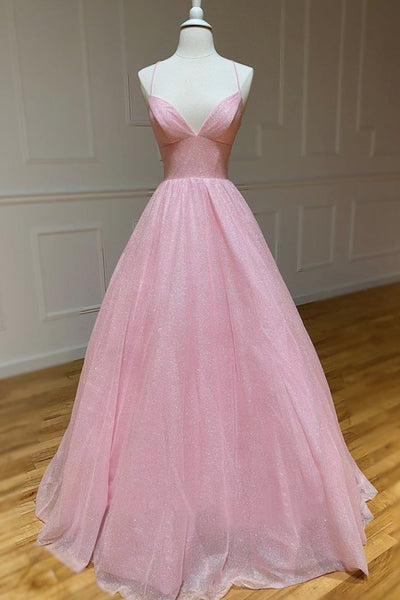 Pink Tulle A-line V-Neck Long Prom Dress, Evening Dress SJ211069
