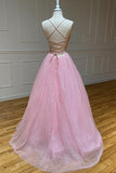 Pink Tulle A-line V-Neck Long Prom Dress, Evening Dress SJ211069