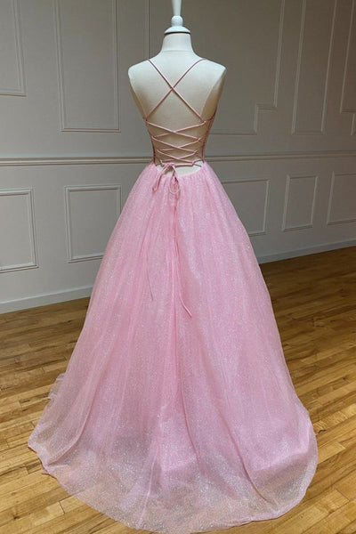 Pink Tulle A-line V-Neck Long Prom Dress, Evening Dress SJ211069