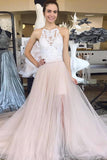 Pink Tulle White Lace Strapless Long Side Slit Prom Dress For Teens PDA548 | ballgownbridal