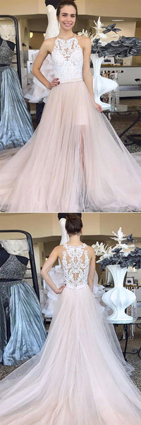 Pink Tulle White Lace Strapless Long Side Slit Prom Dress For Teens PDA548 | ballgownbridal