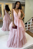 Pink A-Line Tulle Long Prom Dress With Ruffles, Evening Dress SJ211107