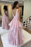 Pink A-Line Tulle Long Prom Dress With Ruffles, Evening Dress SJ211107