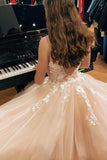 Pink V Neck Spaghetti Straps Lace Floral Long Prom Dresses UL1586
