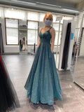 Elegant Blue Sequins Spaghetti Straps Long Prom Dress DP9307