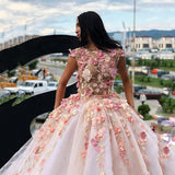 Ball Gown Pink Tulle Prom Dresses with Handmade Flowers DL7846