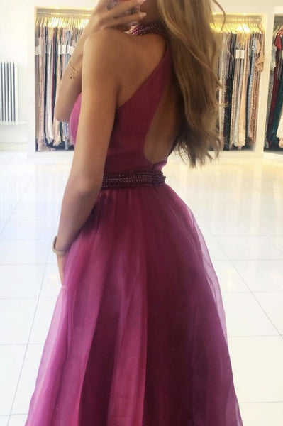 A-line Purple Long Prom Dress With Beads, Evening Dress  SJ211115