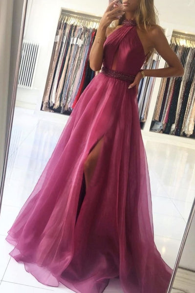 A-line Purple Long Prom Dress With Beads, Evening Dress  SJ211115