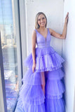 Purple Tulle High Low Sequins Long Layered Prom Dress PDA545 | ballgownbridal