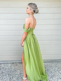 Simple green off shoulder satin long prom dress, green evening dress  SHE005