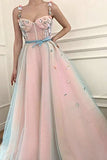 Pink Applique A-Line Spaghetti Straps Tulle Sweetheart Prom Dresses TP1450