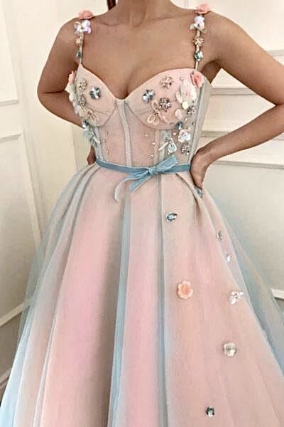 Pink Applique A-Line Spaghetti Straps Tulle Sweetheart Prom Dresses TP1450